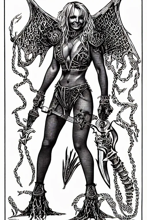 Image similar to britney spears as a d & d monster, full body, pen - and - ink illustration, etching, by russ nicholson, david a trampier, larry elmore, 1 9 8 1, hq scan, intricate details, inside stylized border