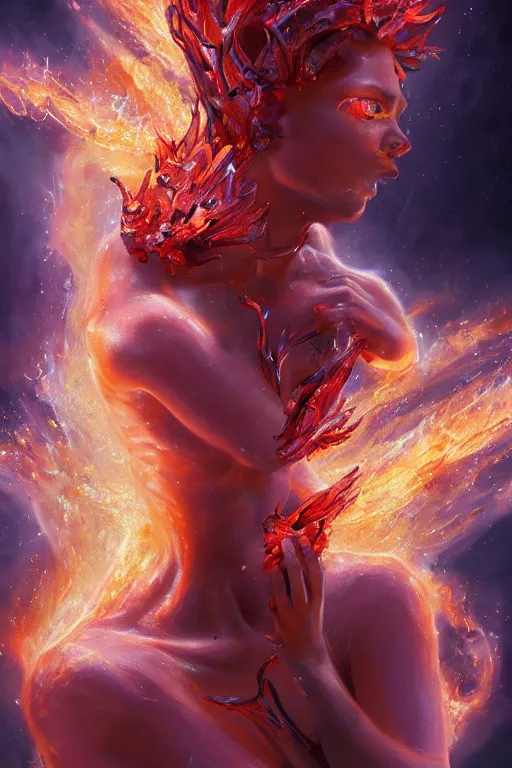 Image similar to torso closeup model wearing exploding fire crystal dress, fire exploding from head, sorcerer, diamonds, angel, fantasy, dramatic lighting, highly detailed, digital painting, holding electricity, magic the gathering, hyper detailed, 3 d render, hyper realistic detailed portrait, peter mohrbacher, wlop, ruan jia