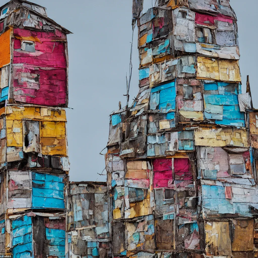 Prompt: close - up view of a tower made up of colourful makeshift squatter shacks, faded colours, plain off white sky, hasselblad x 1 d, very detailed, photographed by cristina de middel