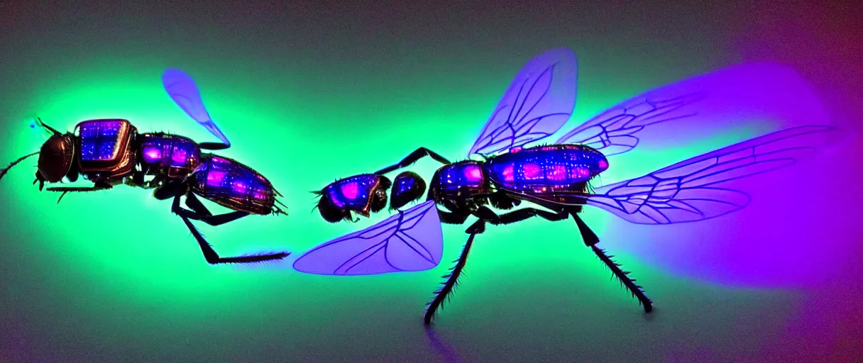 Image similar to high quality photo glowy iridescent cyborg fly! jeweled very beautiful! highly detailed digital art david ligare elson peter cinematic purple neon lighting high quality low angle hd 8k sharp shallow depth of field