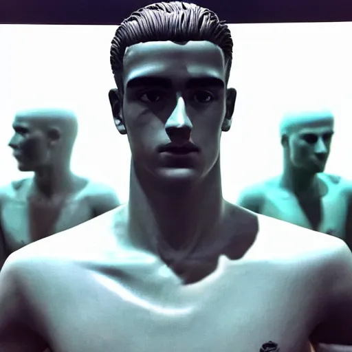 Image similar to “ a realistic detailed photo of a guy who is an attractive humanoid who is half robot and half humanoid, who is a male android, soccer player antoine griezmann, shiny skin, posing like a statue, blank stare, at the museum, on display ”