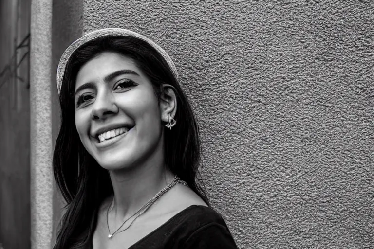 Image similar to still photo of a beautiful mexican woman smiling at the camera on the street, black and white color aesthetic, highly detailed, photorealistic portrait, bright studio setting, studio lighting, crisp quality and light reflections, unreal engine 5 quality render