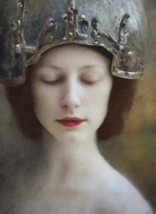 Prompt: medieval helm, out of focus! photorealistic portrait of a beautiful pale woman by saul leiter, very blurry!, translucent white skin, closed eyes, foggy, pale lips