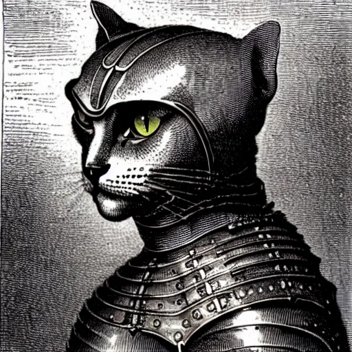 Image similar to engraving portrait of humanoid cat in medieval armoury by gustave dore