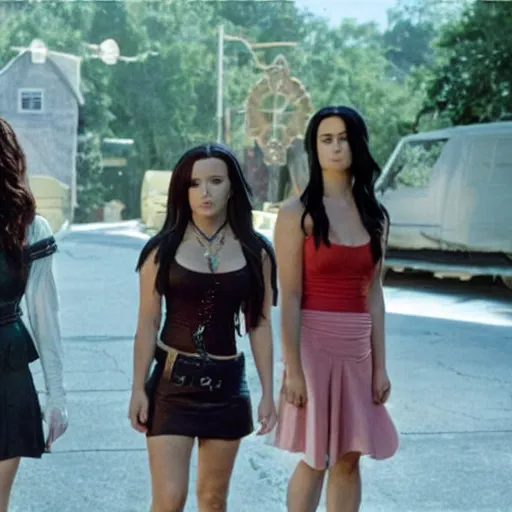 Image similar to Demi Lovato as Piper Halliwell and Selena Gomez as Phoebe Halliwell and Ariana Grande as Prue Halliwell in a Charmed movie directed by Christopher Nolan, movie still frame, promotional image, imax 35 mm footage