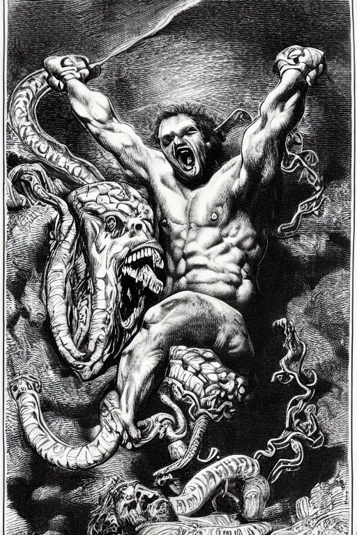 Image similar to very detailed ink drawing of a screaming head of Hercules with snakes coming out from his eyes by gustave dore, poster, fine art