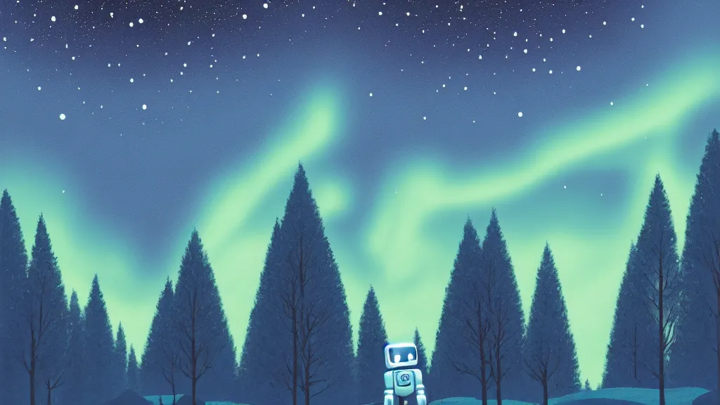 Image similar to A retro glossy white robot stands in the middle of a forest in the centre of the frame. softly glowing blue trees at night. The sky above has many stars and a beautiful blue aurora. Comet in the middle of the sky. Cyril Roland naomi okubo. Trending on artstation. Digital painting.