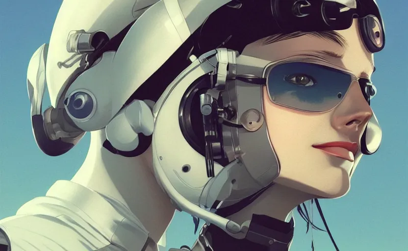 Prompt: pilot girl in her airplane, cyborg parts, vintage clothing, occlusion shadow, specular reflection, rim light, unreal engine, range murata, artstation, pinterest, art by hiroaki samura and ilya kuvshinov and rossdraws, intricate, highly detailed 8 k, art deco illustration, extremely beautiful shape of face, neck, shoulders eyes