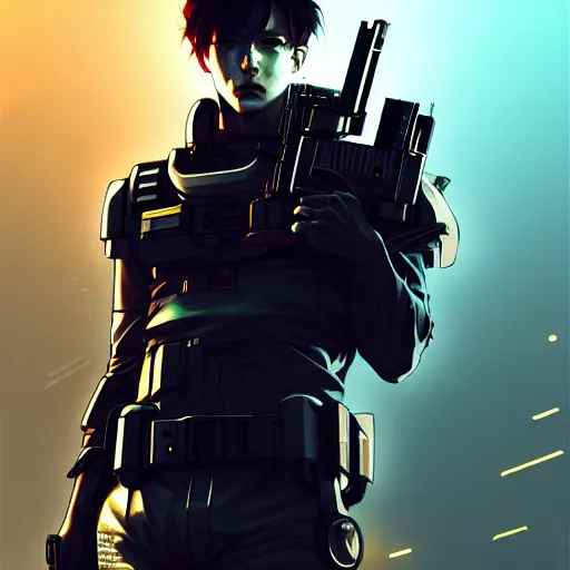 Image similar to Cyberpunk, sci-fi Jungkook holding a gun. alien planet art by Akihito Yoshitomi AND Yoji Shinkawa AND Greg Rutkowski, Mark Arian trending on artstation