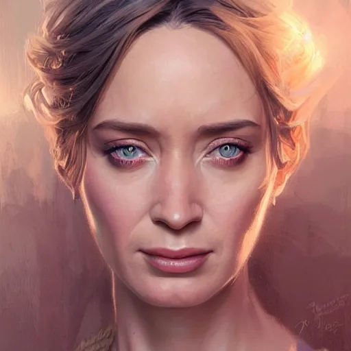 Image similar to portrait of emily blunt, fantasy, intricate, elegant, highly detailed, digital painting, artstation, concept art, smooth, sharp focus, illustration, art by artgerm and greg rutkowski and alphonse mucha