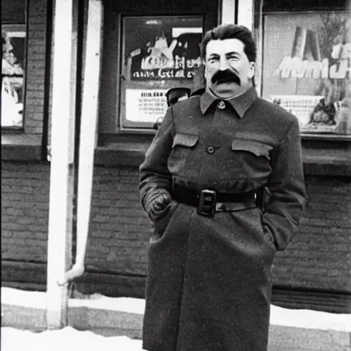 Prompt: stalin standing outside mcdonalds, dressed as santa clause, historical photo