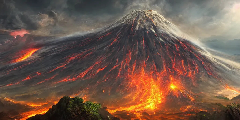 Image similar to a hyper realistic professional photographic view picture of a volcano, photographic filter unreal engine 5 realistic hyperdetailed 8k ultradetail cinematic concept art volumetric lighting, fantasy artwork, very beautiful scenery, very realistic painting effect, hd, hdr, cinematic 4k wallpaper, 8k, ultra detailed, high resolution, artstation trending on artstation in the style of Albert Dros glowing rich colors powerful imagery nasa footage drone footage drone photography