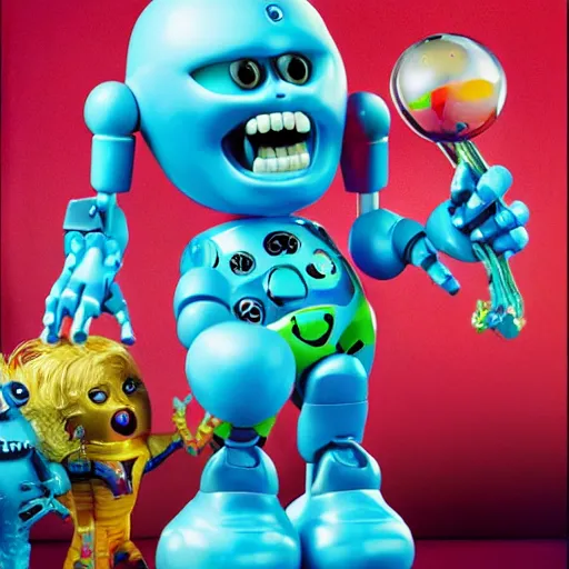 Prompt: single crazy melting plastic toy Pop Figure Robot monster 8K, by pixar, by dreamworks, in a Studio hollow, by jeff koons, by david lachapelle
