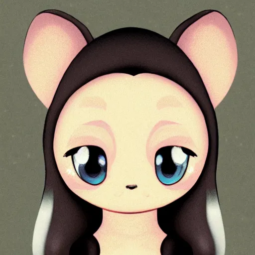 Image similar to headshot of young female furry, maple story, cute, fantasy, intricate, long hair, dark grey skin, mouse face, maplestory mouse, dark skin, mouse head, mouse ears, black hair, elegant, cartoony, Deviantart, artstation, character art of maple story, smooth, sharp focus, illustration, art by Diives