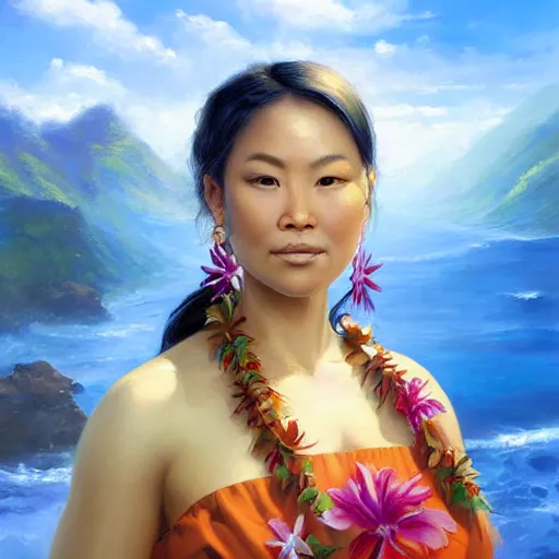 Image similar to portrait of a hawaiian woman ( 3 5 ) from hawaii in 2 0 2 1, an oil painting by ross tran and thomas kincade