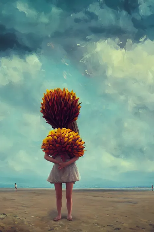 Image similar to portrait, giant flower head, a girl on beach, surreal photography, wind and cold, dramatic sky, impressionist painting, digital painting, artstation, simon stalenhag