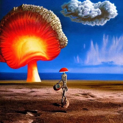 Image similar to a skeleton walking on a beach next to the ocean with nuclear bomb explosion in the background, a naturalism painting by Storm Thorgerson, featured on cg society, matte painting, realistic, chillwave, anatomically correct, light colors, photo-realistic huge mushroom-cloud on the horizon