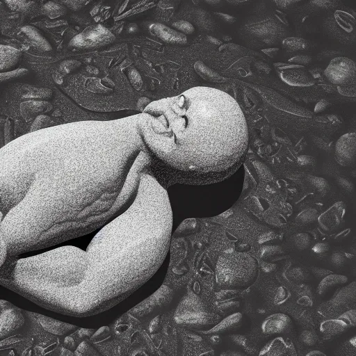 Prompt: an anatomical depiction of a kidney laying on top of a river bank made of river stones, well lit, octane, grey lighting, 4 k, award winning