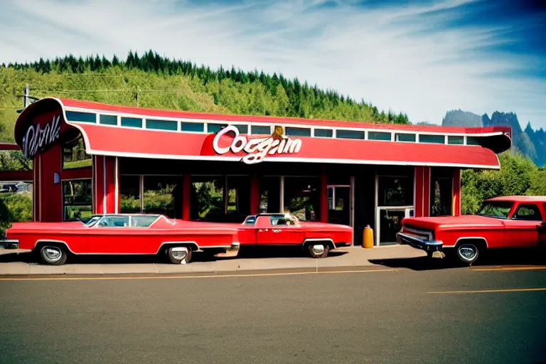 Prompt: 1 9 7 5 googie oregon columbia river gorge themed classic american diner, people sitting at tables, googie architecture, two point perspective, americana, restaurant exterior photography, hd 4 k, taken by alex webb