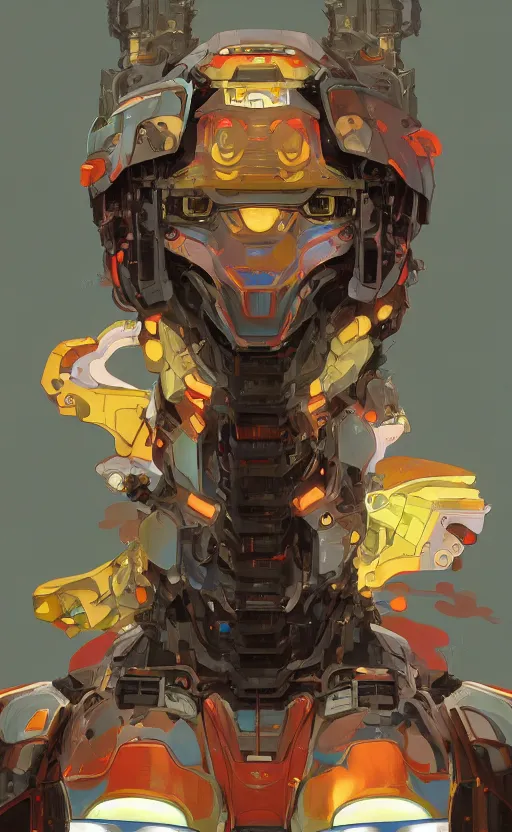 Prompt: upper half portrait of colourful army mecha robot, art by hsiao - ron cheng & alphonse mucha, highly detailed, digital painting, concept art, illustration, smooth sharp focus, intricate, symmetry, blcak background, black backdrop, artstation,