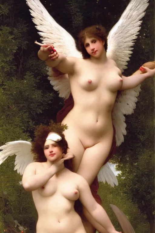 Image similar to ashley graham as bbw angel in a romantic painting by william adolphe bouguereau, photorealistic, sharp and ultradetailed