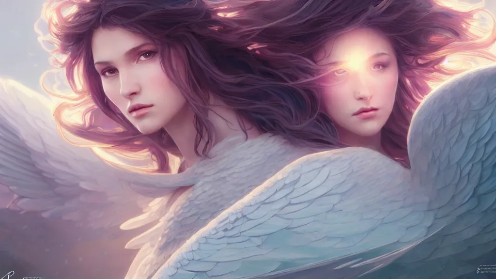 Prompt: one angel, big wings, low key light, full plate armor with cloth, f 1 6, bokeh, extreme close up portrait, gentle, female, mountain, storm, god rays, landscape, d & d, fantasy, elegant, teal pink white gold color palette, concept art, artgerm and greg rutkowski and alphonse mucha