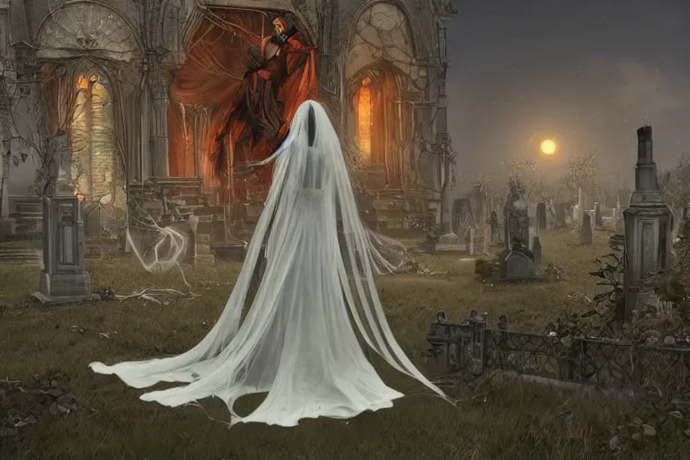 Image similar to an ultra detailed animation of a ghost bride in a graveyard at midnight on halloween, digital art, dark fantasy, concept art, soulslike, by alphonse mucha, blood moon eclipse, ruined building in the background, artstation, 8 k, unreal engine render