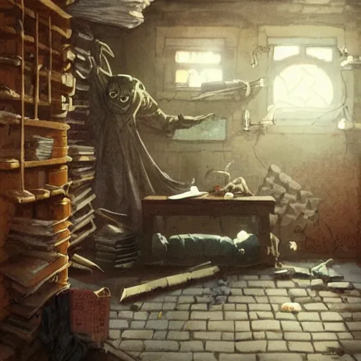 Image similar to detailed room in the sewer lair The room is a clean and delicate room ,over the bed there is a sword rack ,everything is neat ,stack of comics on the floor,soft,light,bright,epic,awesome,digital art, by Simon beak and Greg rutkowski