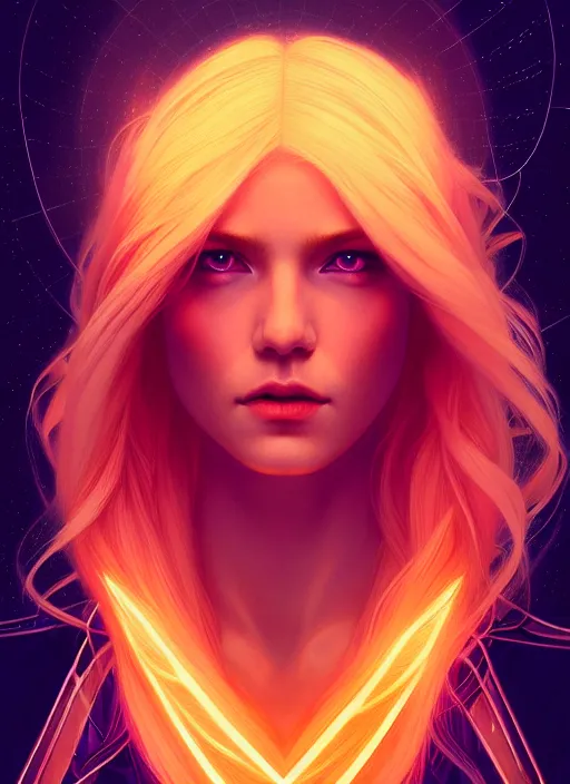 Prompt: symmetry!! portrait of woman with long flaming blonde hair, sci - fi, tech wear, glowing lights!! intricate, elegant, highly detailed, digital painting, artstation, concept art, smooth, sharp focus, illustration, art by artgerm and greg rutkowski and alphonse mucha, 8 k