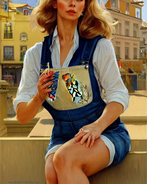 Image similar to portrait of a blonde fuller figured barbara bach from the bond film wearing dungarees and eating ice creams in porto, real life skin, intricate, elegant, highly detailed, artstation, concept art, smooth, sharp focus, art by artgerm and greg rutkowski and alphonse mucha