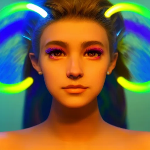 Image similar to A head and shoulders portrait of a Prismatic Spectrum Cosmic Magical Girl from the Rainbow Sky Paradise playing Dance Dance Revolution at Eurovision and Tomorrowland, full round face, beautiful piercing symmetric eyes, slight smirk, medium shot, lit by flashing pixel light, ambient occlusion, DAZ, cinematic lighting, 3D render, glowing neon, unreal engine 5