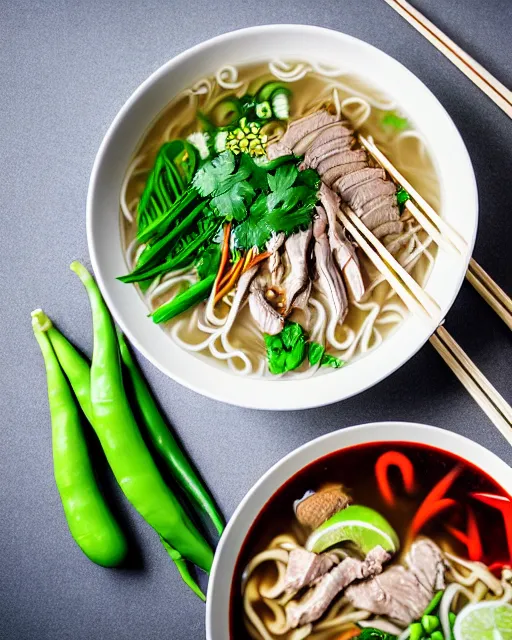 Image similar to realistic photo of delicious pho, ramen, bowl, white kitchen table, cloth, highly detailed, by marc haydon, kailee mandel, masterpiece, award winning, food photography
