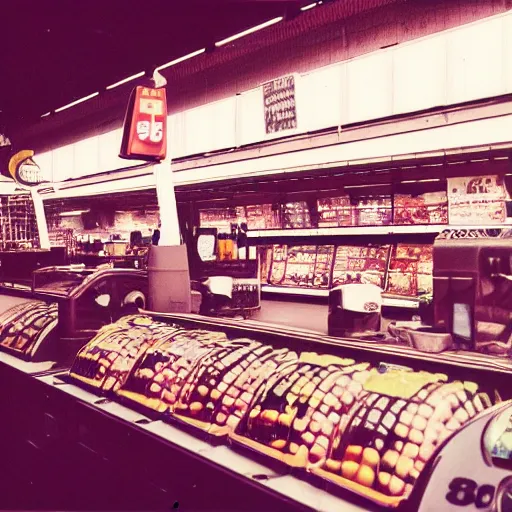 Image similar to Vintage Photograph of a futuristic time machine inside of a grocery store, shallow depth of field, awkward, out of place, polaroid 600 Color