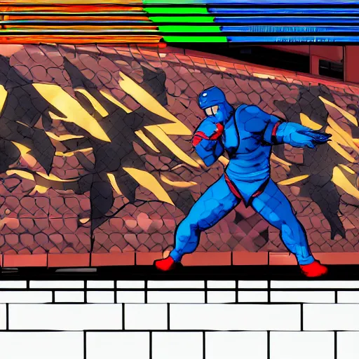 Prompt: Screenshot of Ninja Marvel Fighting game, asymmetrical, style of Street Fighter III 3rd strike, geometric shapes, hard edges, graffiti, street art,:2 by Capcom and Arc System Works:4