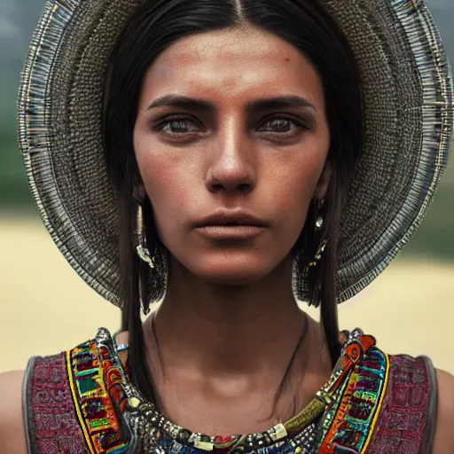 Image similar to a portrait of an aztec female, dark eyes, dark hair, olive skin, depth of field, zeiss lens, detailed, centered, artstation, by Annie Leibovitz and Steve McCurry, David Lazar, Jimmy Nelsson, Breathtaking, 8k resolution, extremely detailed, beautiful, establishing shot, artistic, hyperrealistic, beautiful face, octane render