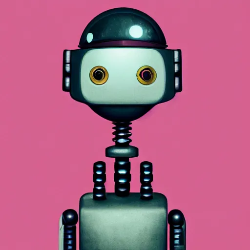 Image similar to a comunity manager robot. subject in shot pop surrealism muted colors. pink background. by jean - baptiste monge, wide shot, depth of field