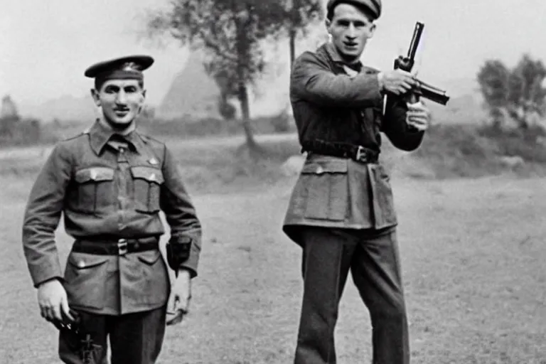 Image similar to Lionel Messi standing with a gun in world war 2, vintage photograph