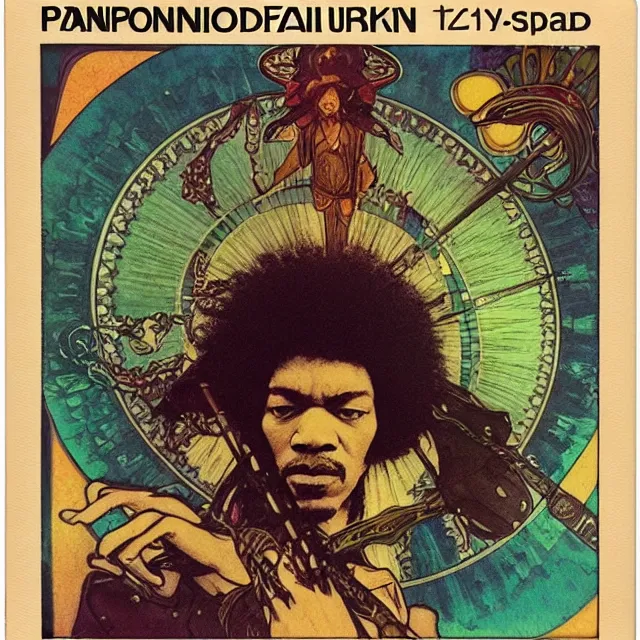 Image similar to polaroid of a vintage record cover by Franklin Booth showing a portrait of Jimi Hendrix as a futuristic space shaman, Alphonse Mucha background, psyadelic art, star map, smoke, sciFi