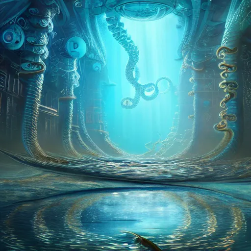 Image similar to beautiful digital fantasy illustration of an underwater city surrounded by tentacles, the forge of worlds, concept art by xul solar, two hands reaching for a fish, fractalism, high detail texture, unreal engine, 8 k, photographic quality, ultra hyper realistic quality, 8 k definiton, hyper - realistic, cinematic, cinematic lighting