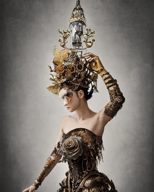 Image similar to a portrait of female by stefan geselle and nekro borja, steampunk, photorealistic, intricate details, hyper realistic, fantasy, elegant, baroque gold headpiece, photorealistic, canon r 3, photography, wide shot, symmetrical features, wide angle shot, head to toe, standing pose, feet on the ground, wearable art