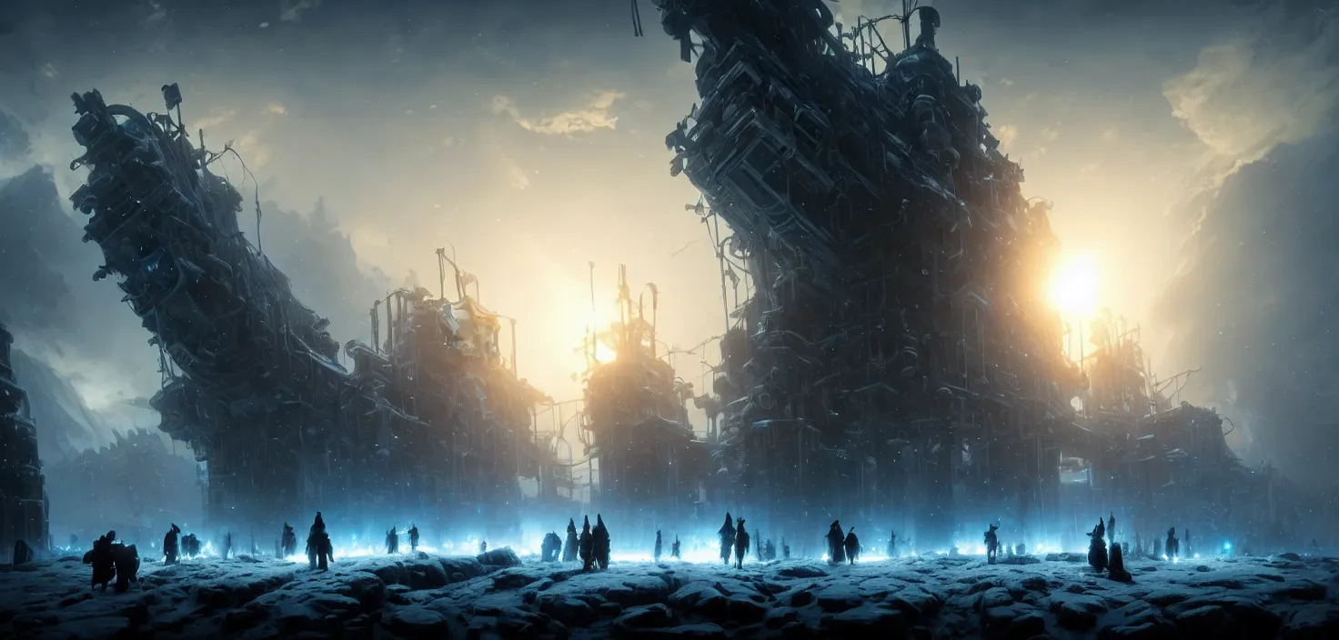 Prompt: frostpunk portal, cinematic view, epic sky, detailed, concept art, low angle, high detail, warm lighting, volumetric, godrays, vivid, beautiful, trending on artstation, by jordan grimmer, huge scene, grass, art greg rutkowski