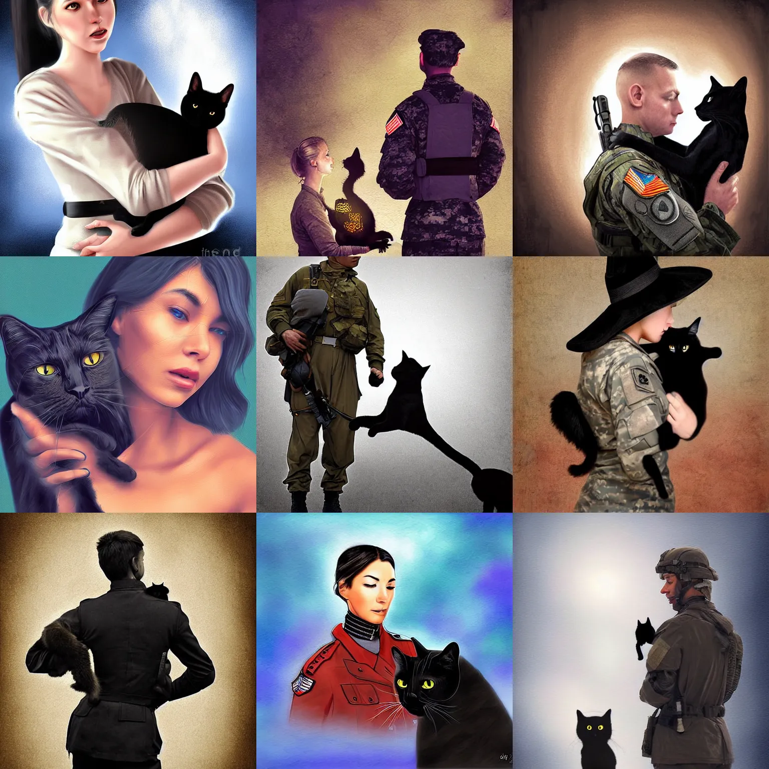 Prompt: soldier, saying sorry, to a beautiful woman, holding a black cat, ethereal, digital art, realistic