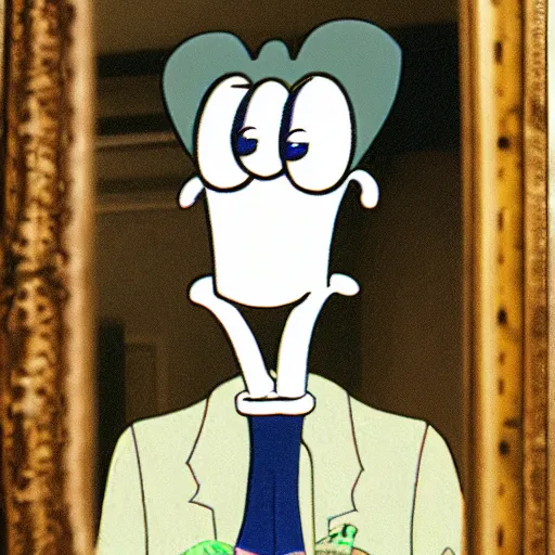 Image similar to man looking into a mirror, his reflection is not there, squidward is in the mirror, photograph