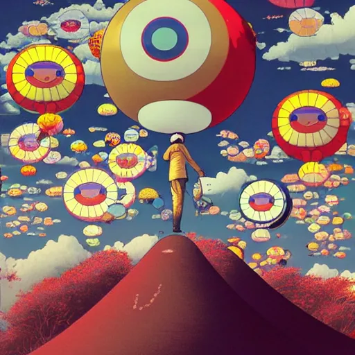 Image similar to a man walking on clouds above kyoto by takashi murakami, beeple and james jean, aya takano color style, 4 k, super detailed