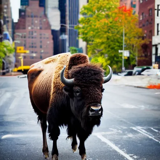 Image similar to photo of a bison, in a New York street, cars, buildings, 50mm, beautiful photo,