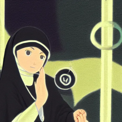 Image similar to female catholic nun playing with yoyos, highly detailed, in the style of makoto shinkai,