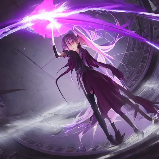 Prompt: the ruins of the spiralling portals of purple lightning, anime fantasy illustration by tomoyuki yamasaki, kyoto studio, madhouse, ufotable, square enix, cinematic lighting, trending on artstation