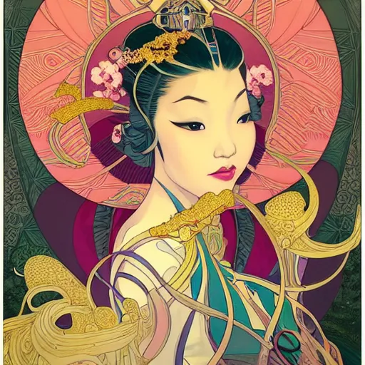 Image similar to asian princess portrait symmetry, with a flower kimono, curvy, royal style, elite, gold, art deco, stylized illustration by peter mohrbacher, moebius, mucha, victo ngai, colorful comic style