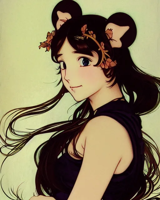 Image similar to A cute painting of a very very beautiful anime skinny mousegirl with long wavy brown colored hair and small mouse ears on top of her head wearing a cute black dress and black shoes looking at the viewer, elegant, delicate, feminine, soft lines, higly detailed, smooth , pixiv art, ArtStation, artgem, art by Gil Elvgren alphonse mucha and Greg rutkowski, high quality, digital illustration, concept art, very long shot