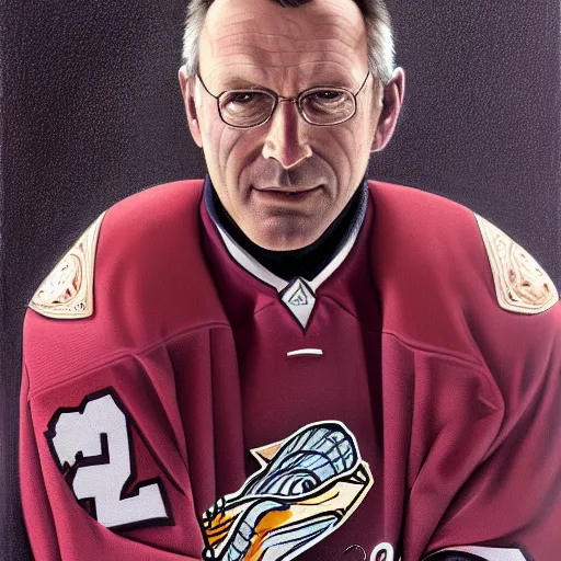 Prompt: beautiful portrait of hockey coach Malarchuk Clint, fantasy, intricate, elegant, highly detailed, digital painting, artstation, concept art, smooth, sharp focus, luxury fashion illustration, art by artgerm and greg rutkowski and alphonse mucha, brightly lit cinematic soft lighting, photorealistic